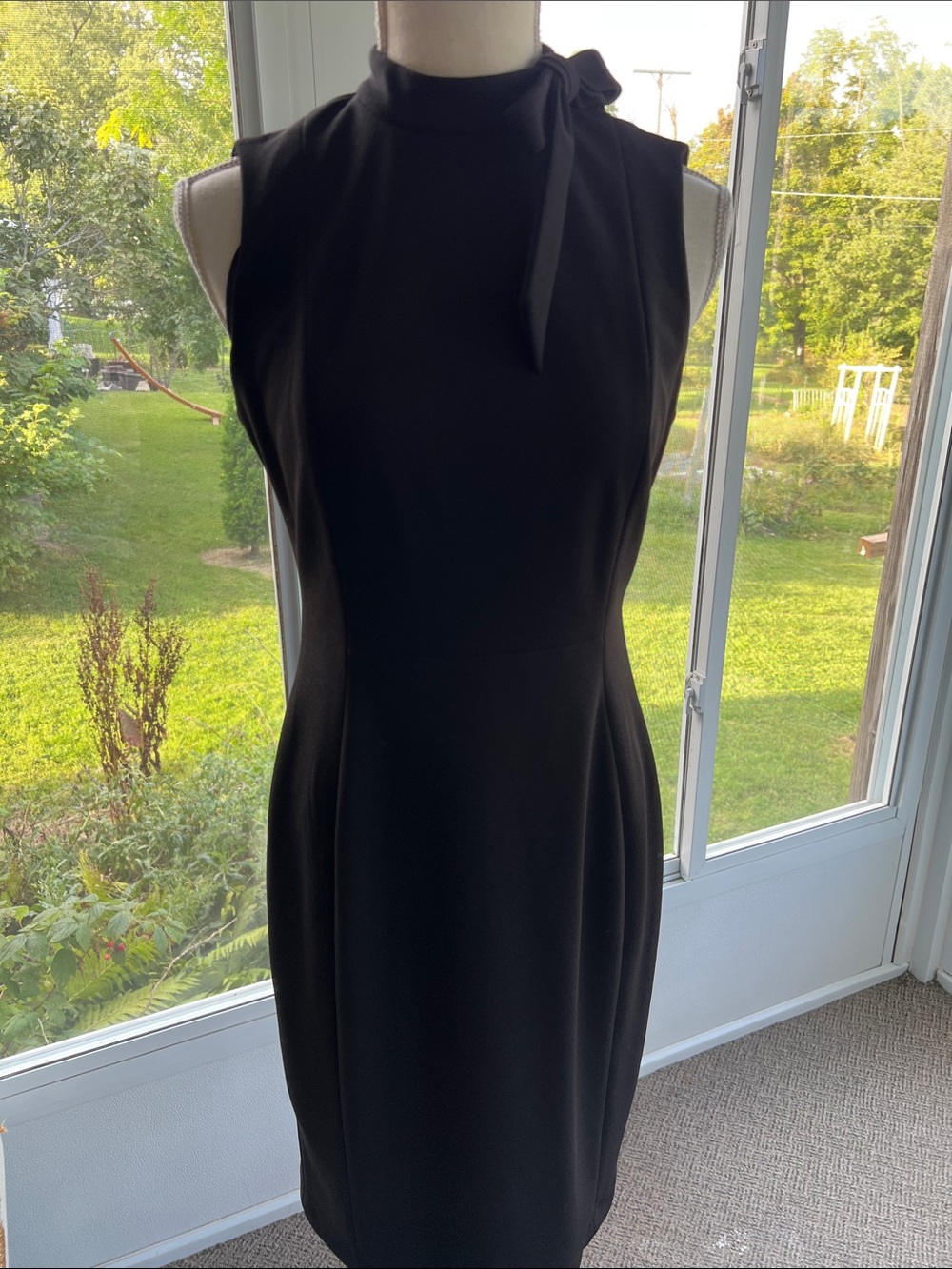 Calvin Klein Black Fitted Tie Mock Neck Sheath Dress